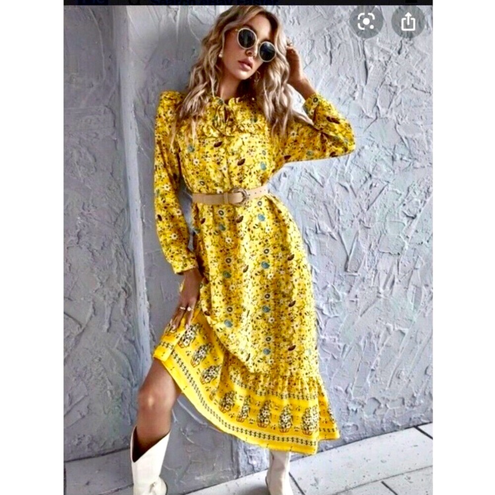 Zara Long Flowing Yellow Ruffle Floral Print Midi Long Dress sz.M